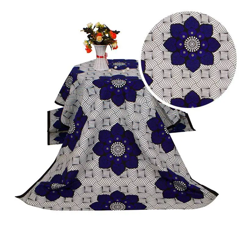 Tecido estampado africano para vestido, material ankara, fundo whtie, África poliéster material, flor azul