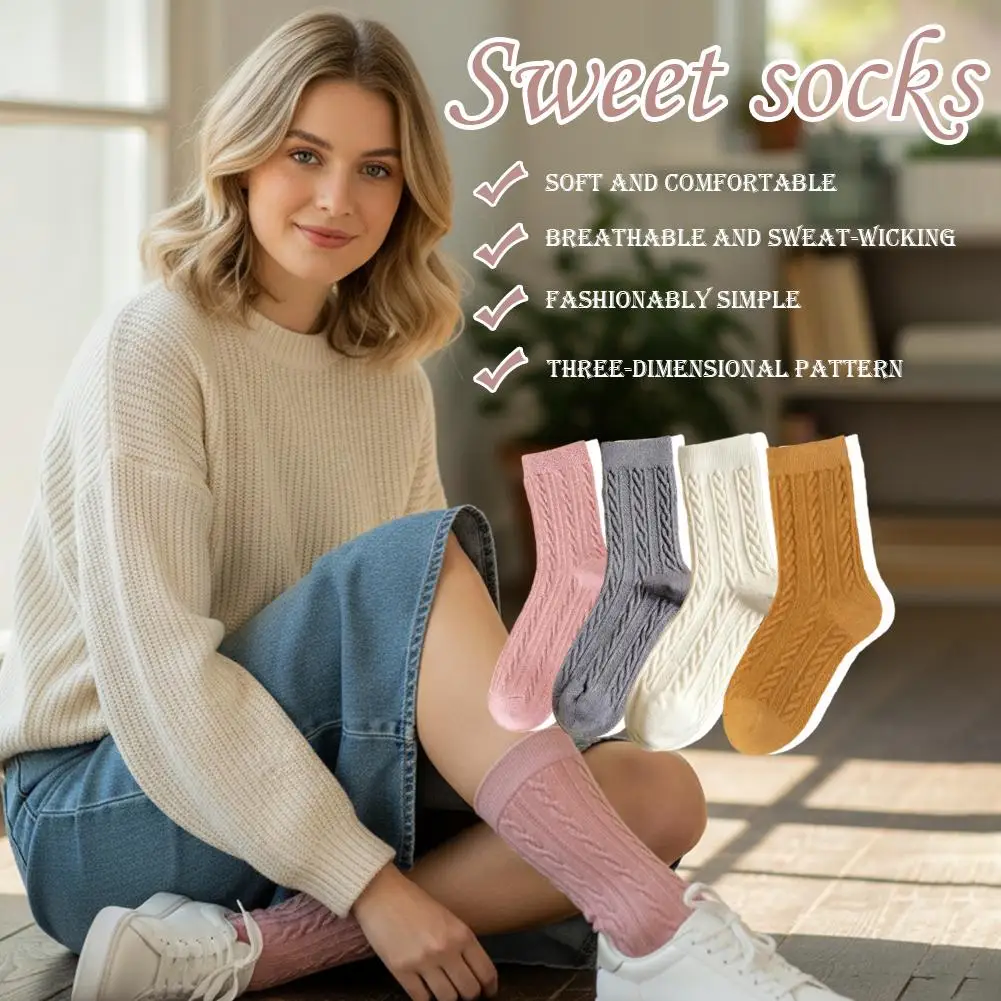 Женские осенние носки средней длины, модные высокие длинные носки с косой, однотонные носки с высоким ворсом, новые
