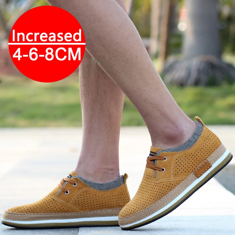 Sepatu lift kulit Suede olahraga pria, sneaker Dalaman tidak terlihat peninggi tinggi 8cm untuk lelaki