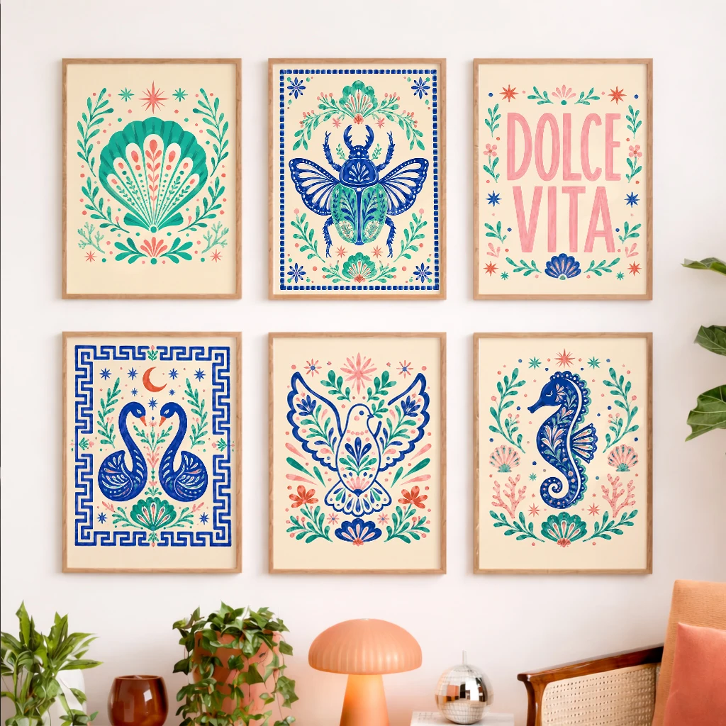 Set of 6 Floral Dolce Vita Mediterranean Seashell Beetle Swan Dove Seahorse Blue Modern Floral Canvas Poster Wall Art Prints