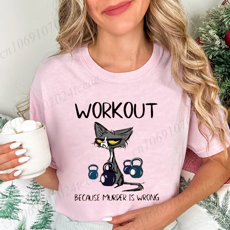 Women's Casual T-Shirts Graphic Tee BLACK CAT WORKOUT BECAUSE MURDER IS WRONG Print T-Shirts Casual Tee Comfortable Clothes