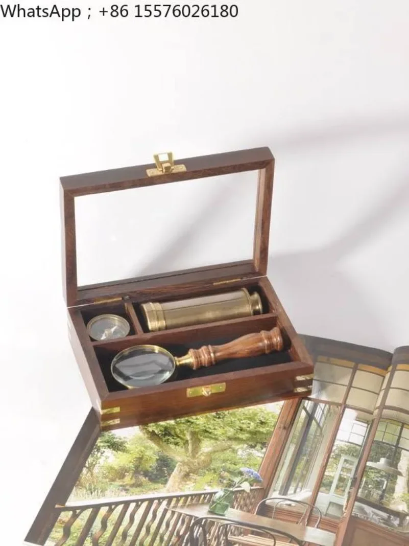 2026 Neues nautisches Messing-Massivholz-Geschenkbox-Set mit Kompass, Lupe, Teleskop und Schreibtischdekoration