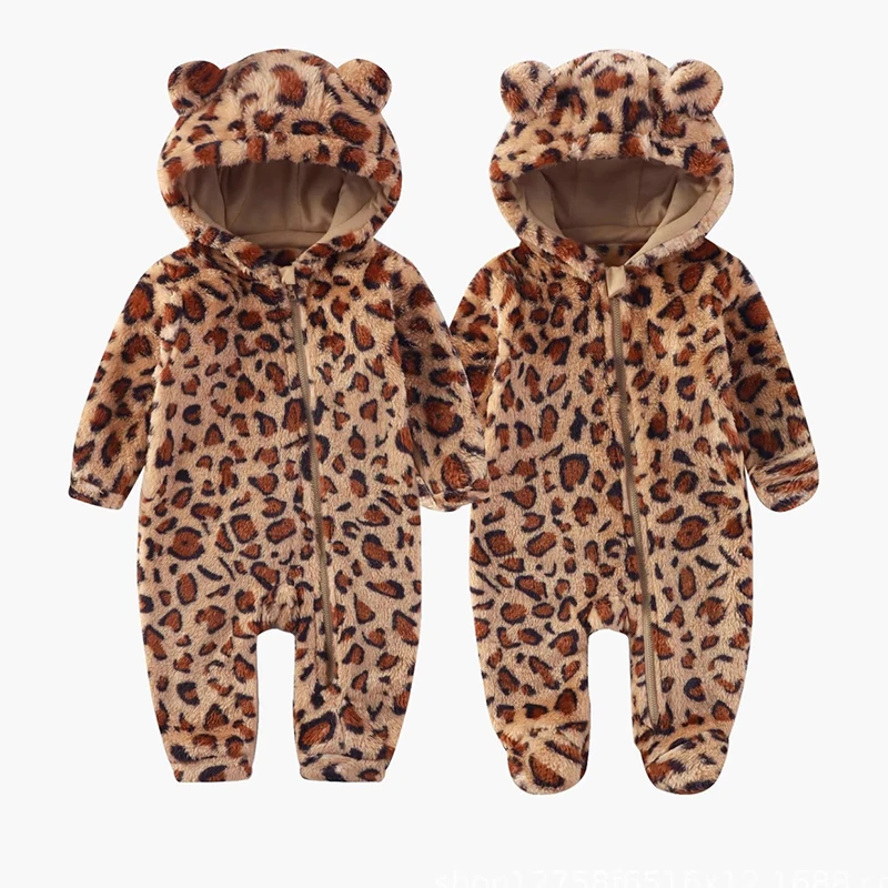 

Newborn 0-12M Baby Clothes Winter Leopard Print Plush One - Piece Clothing Warm Hooded Hand And Foot Jumpsuit