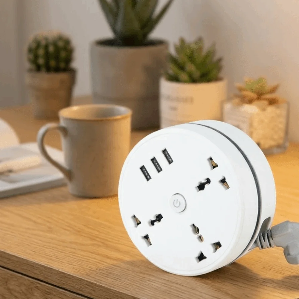 Round Design Universal Power Strip 3 USB Ports UK Plug Standard Portable Extension Socket Multi-Port Included Data Cables