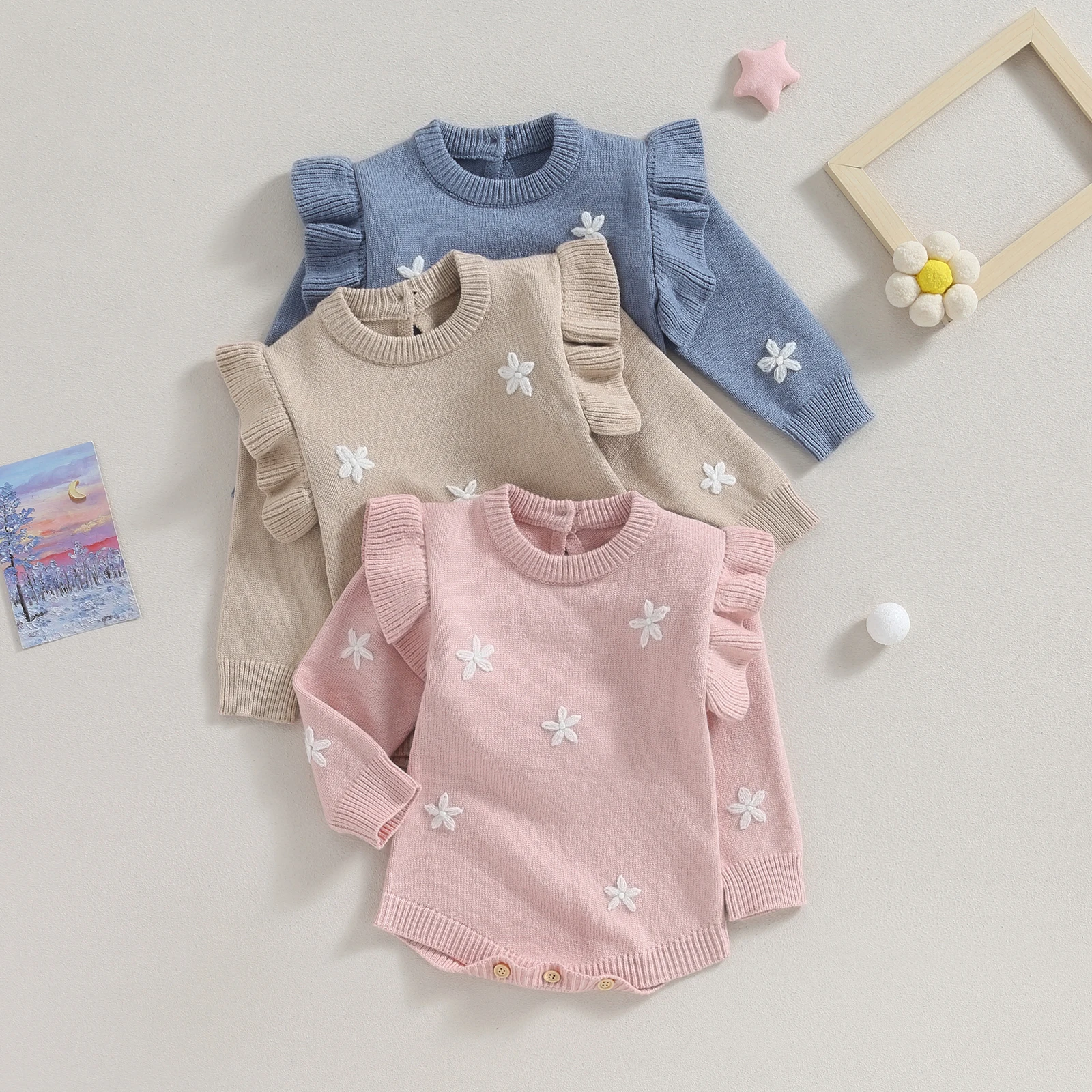 

Newborn Baby Girls Knit Sweater Romper Floral Embroidery Long Sleeve Jumpsuits for Winter Cute Clothes
