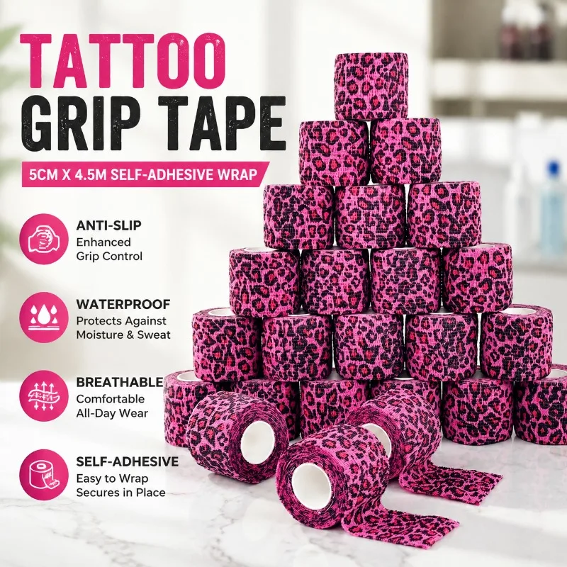 Tattoo Grip Tape Bandage Wrap, 5cm x 4.5m Self-Adhesive Elastic Nonwoven Waterproof Anti-Slip Disposable Grip Cover, Breathable
