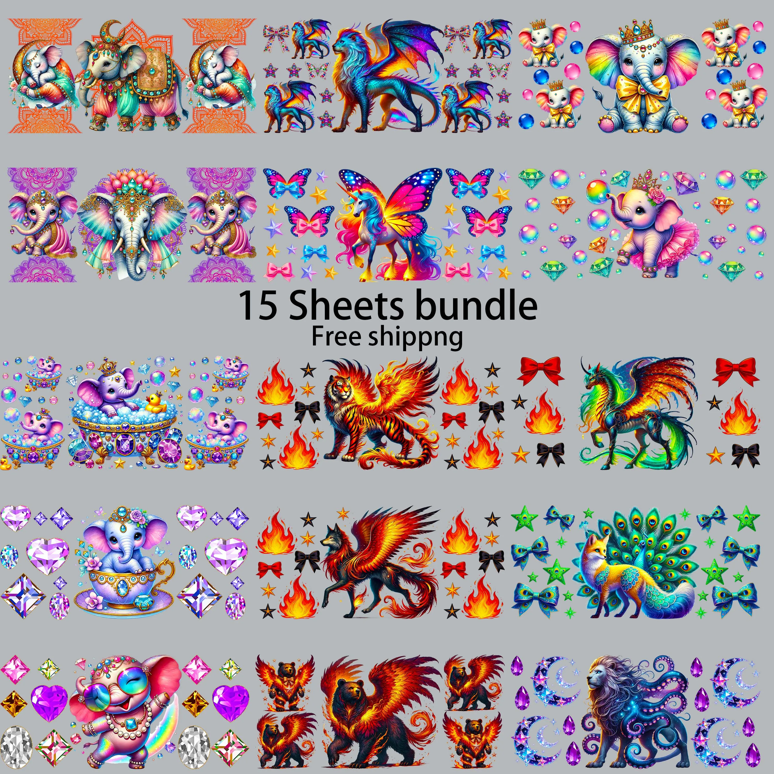 15pcs Cute Animals Theme 16oz UV DTF Sticker Party Deco DIY Decals 3D transfers printing uvdtf tumbler stickers uv dtf cup wrap
