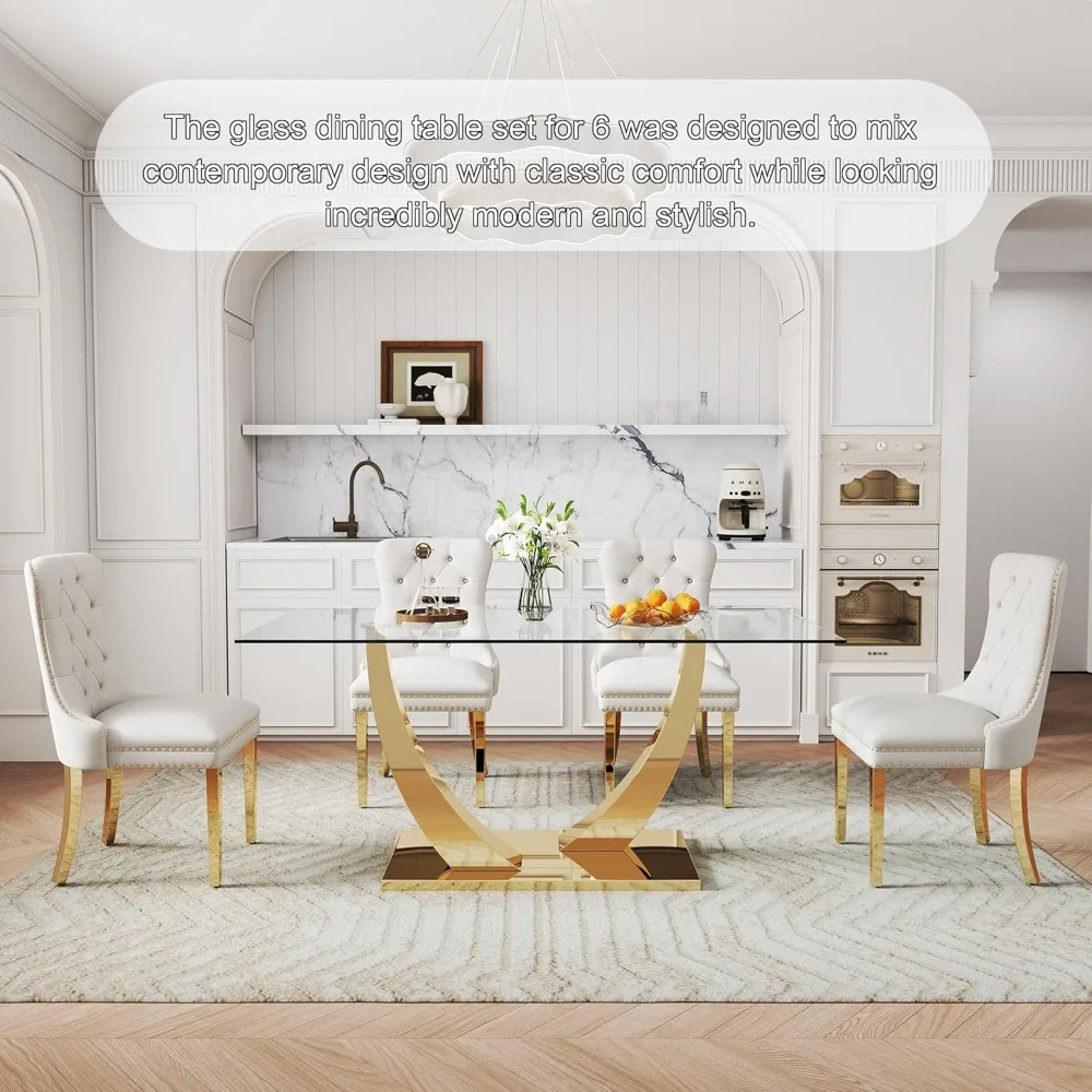 

7-piece Dining Room Set, 63 Inch Golden Rectangular Glass Dining Table, Equipped with 6 Beige High Back Chairs