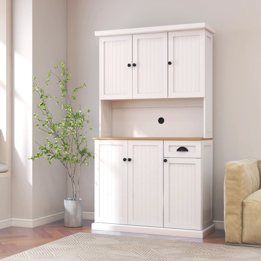 Kitchen Pantry Storage Cabinet with Microwave Oven Countertop, Freestanding Hutch Cabinet with Adjustable Shelves