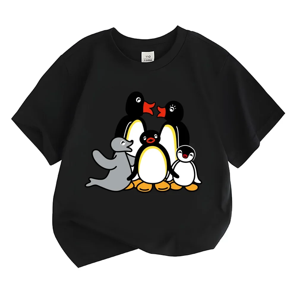 Lovely Ocean Animal Penguin Seal Print Children Black T Shirt Soft Cotton Short Sleeve Casual Daily Summer Wear For Kids