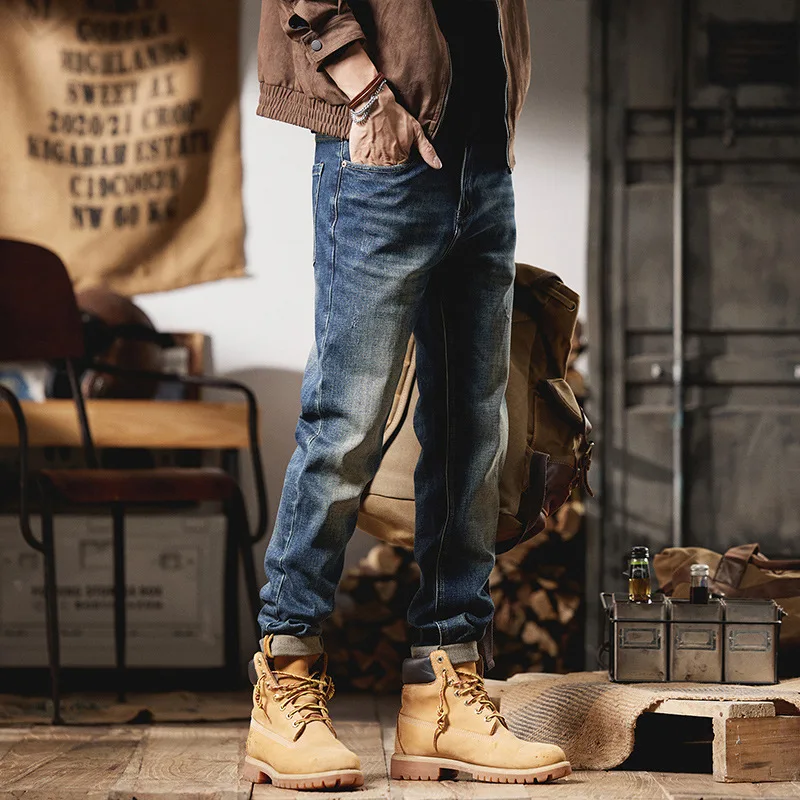 Nueva moda Otoño Invierno hombres Retro Azul Casual moda Simple básico suelto recto pantalones vaqueros masculinos pantalones vaqueros ropa