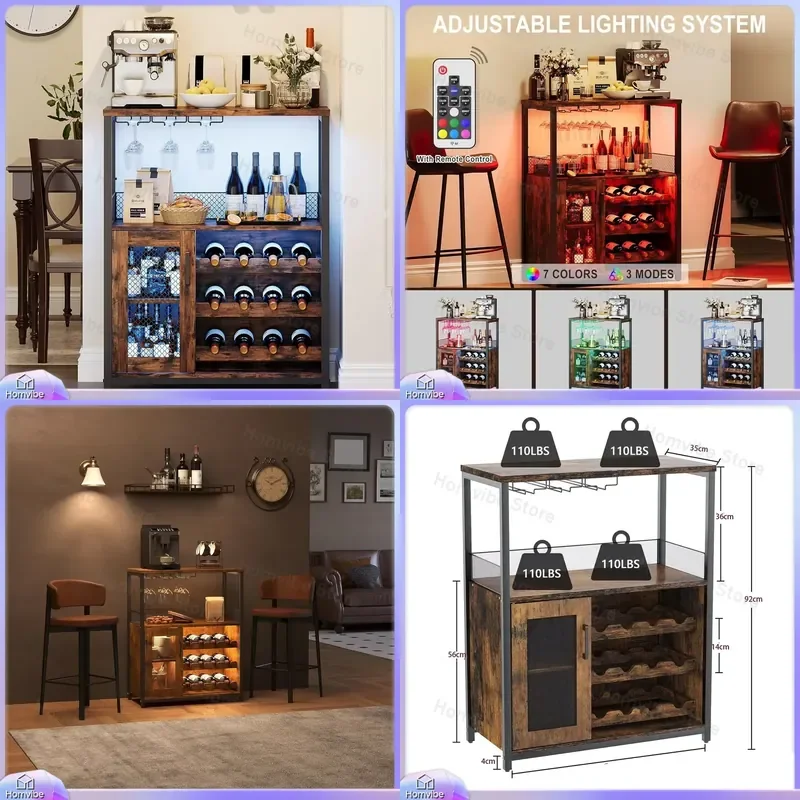 Rustic Wine Bar Cabinet with LED Lights Removable Wine Rack Storage Industrial Sideboard Buffet for Living Room Dining Room