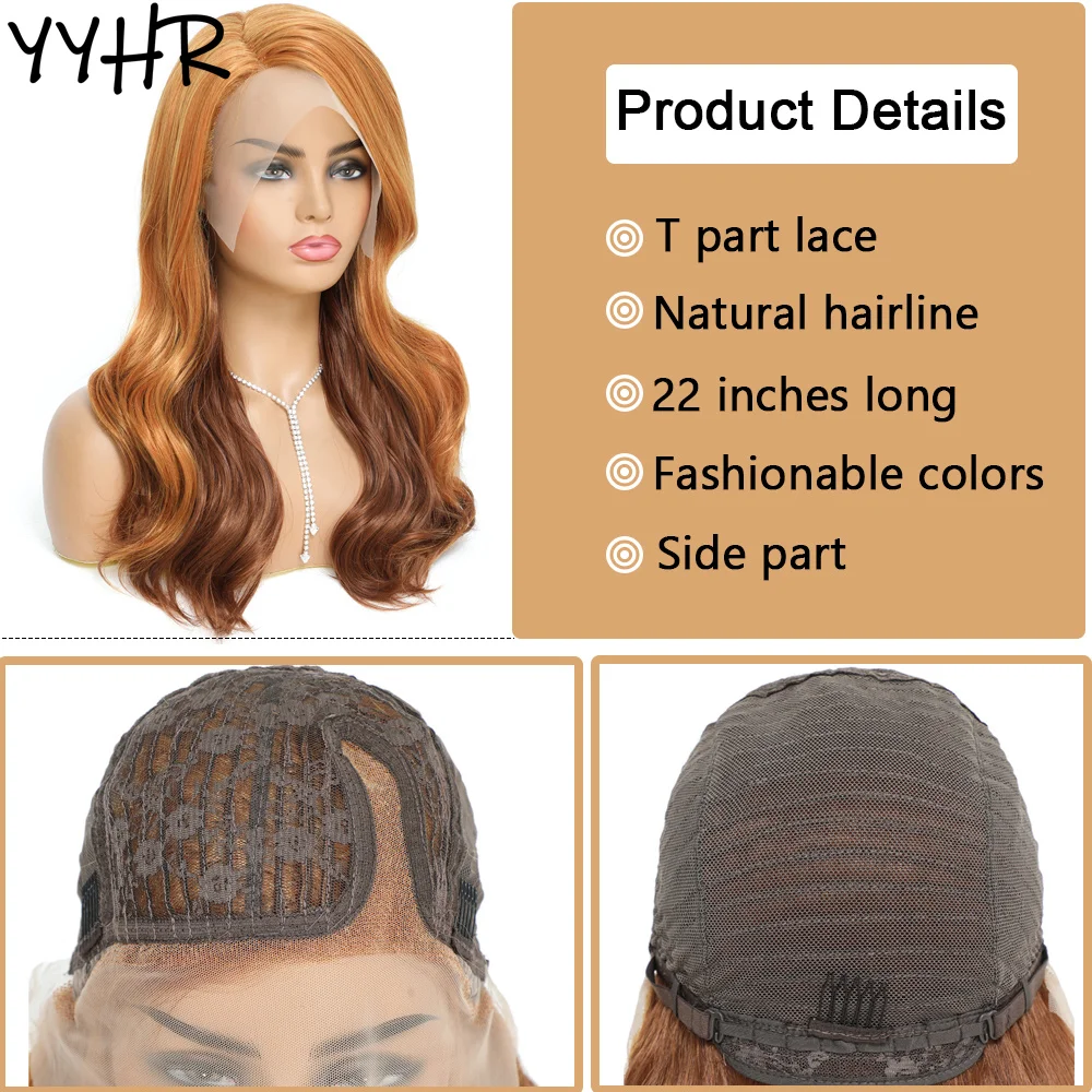 Natural Wave Lace Wig Syntheic Ginger Orange Ombre Brown With Side Part Women 13x1 4x1  Daily Or Party Use Good Quality Lace Wig