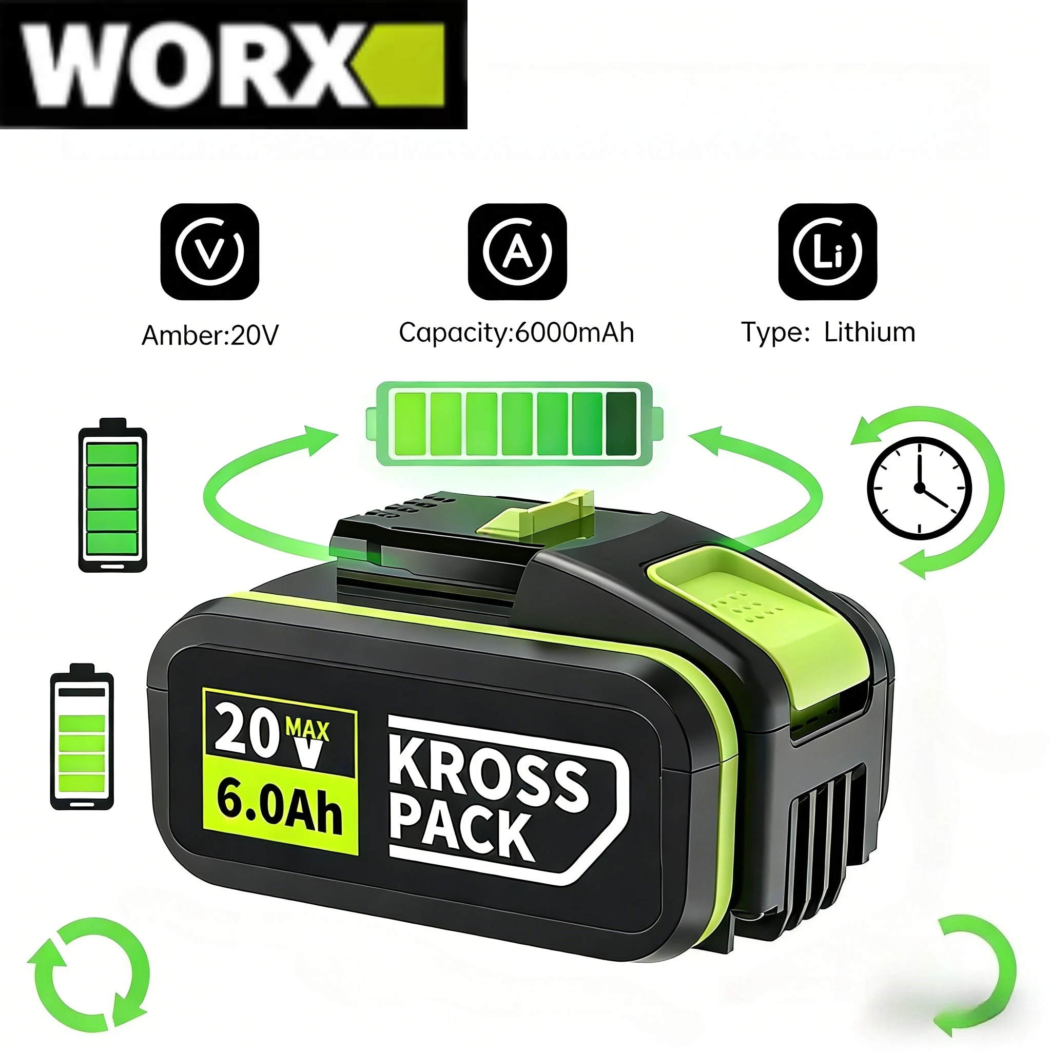 

Original Worx 20V battery , 6.0Ah lithium-ion battery pack is suitable for Worx cordless drill, impact driver, etc.