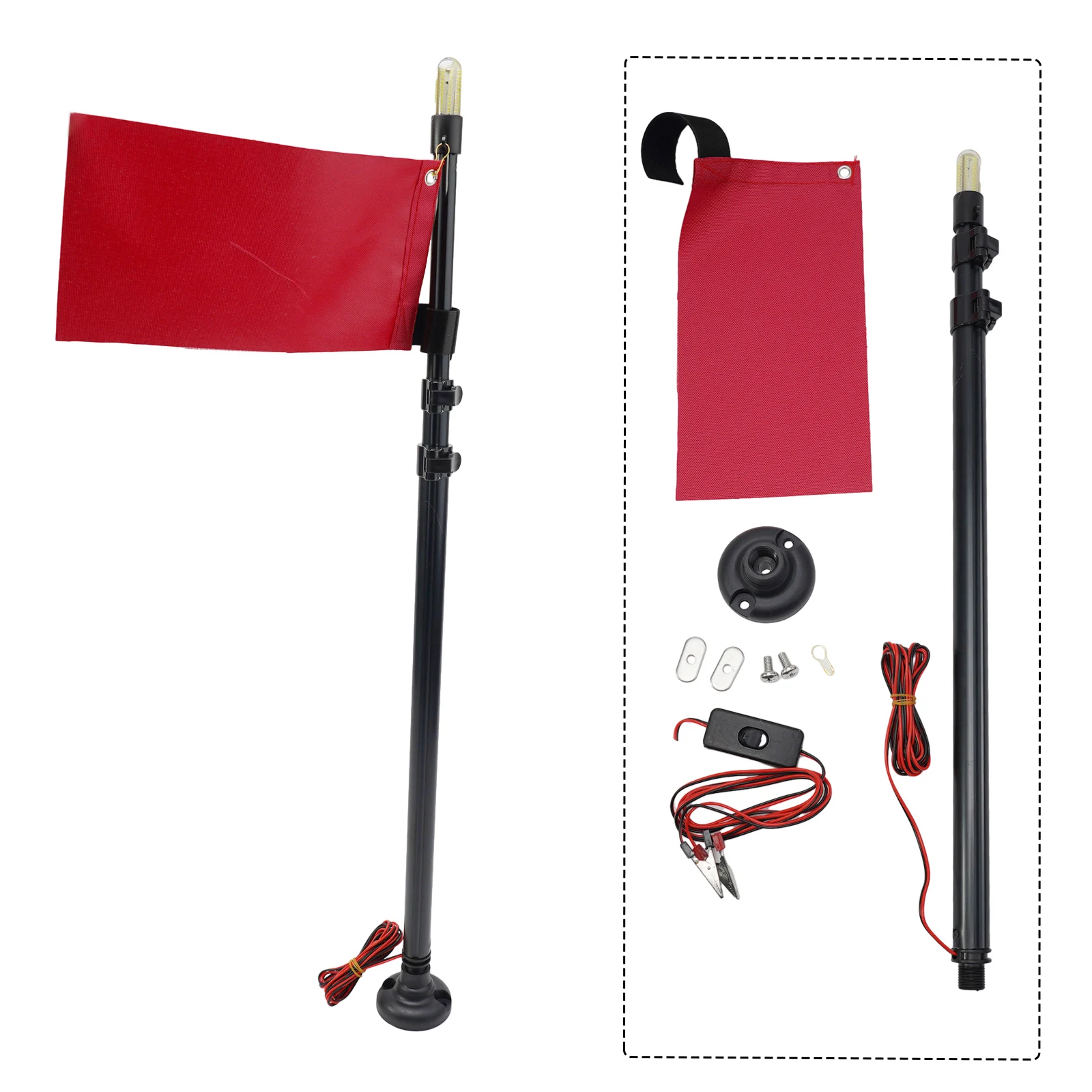 Boat Safety Flag Solution for Kayak Featuring 19W 12V Light and 58-130 cm Adjustable Pole for Canoe Dinghy Yacht