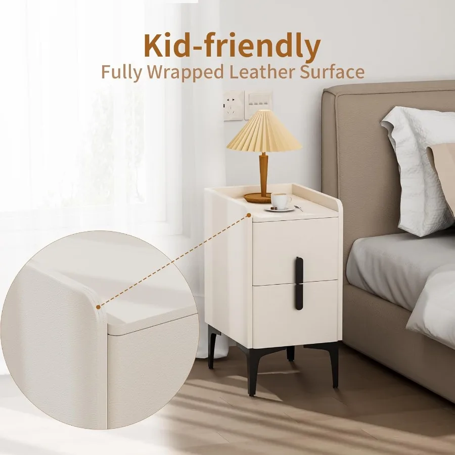 منضدة rrow مع درجين طاولة جانبية سطح جلدي طاولة بجانب السرير رفيعة لغرف النوم والمهاجع وغرف المعيشة كريمي W