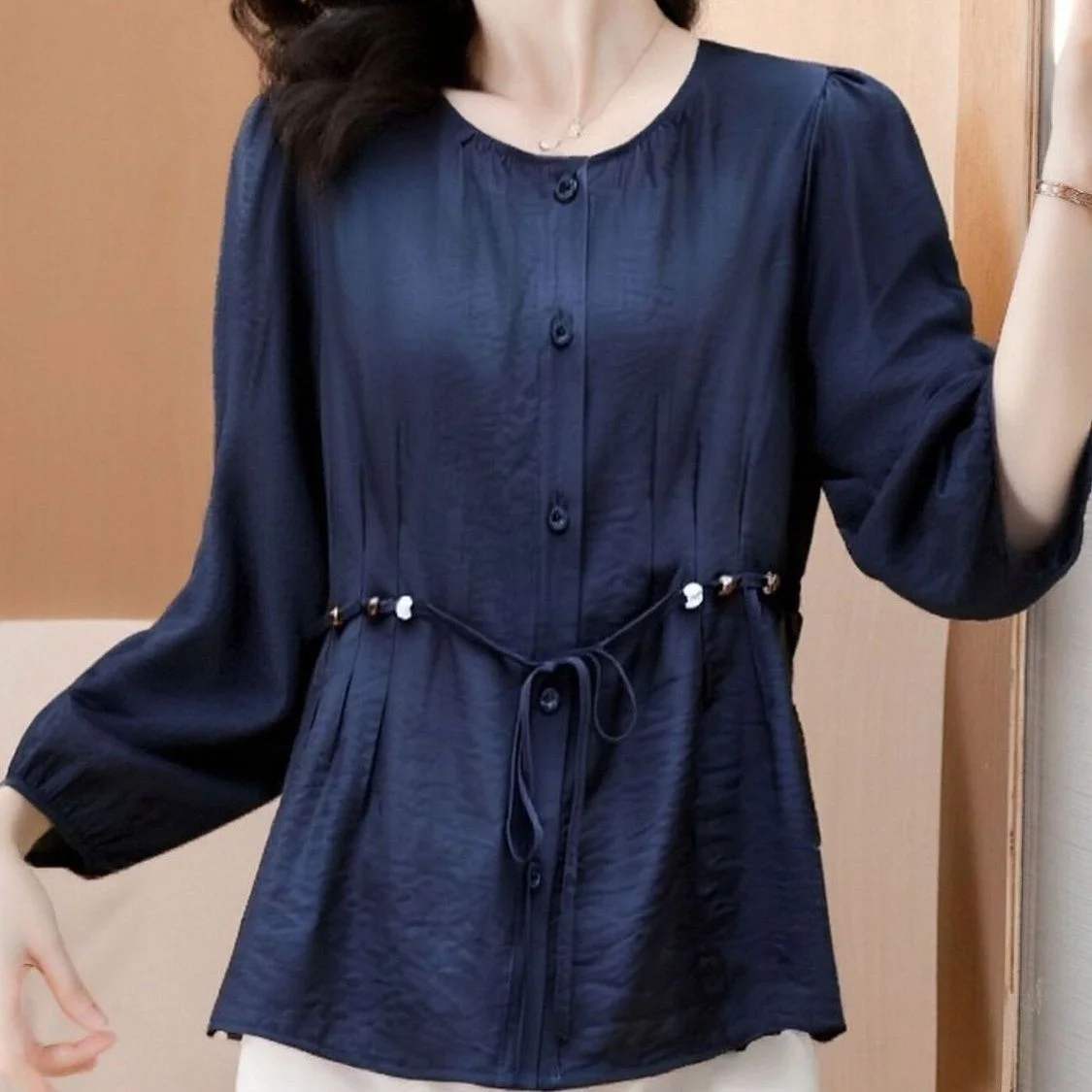 

Korean Style Commuter Chic Belted Shirt Women's Long Sleeve Spring Autumn Fashionable Age-Defying Elegant Top