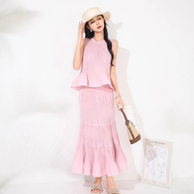 ALSEY Miyake 2025 夏シックな新プリーツファッション女性のセットラウンドネックプリーツベスト + ウエストゴムホルタースカート 2 点セット