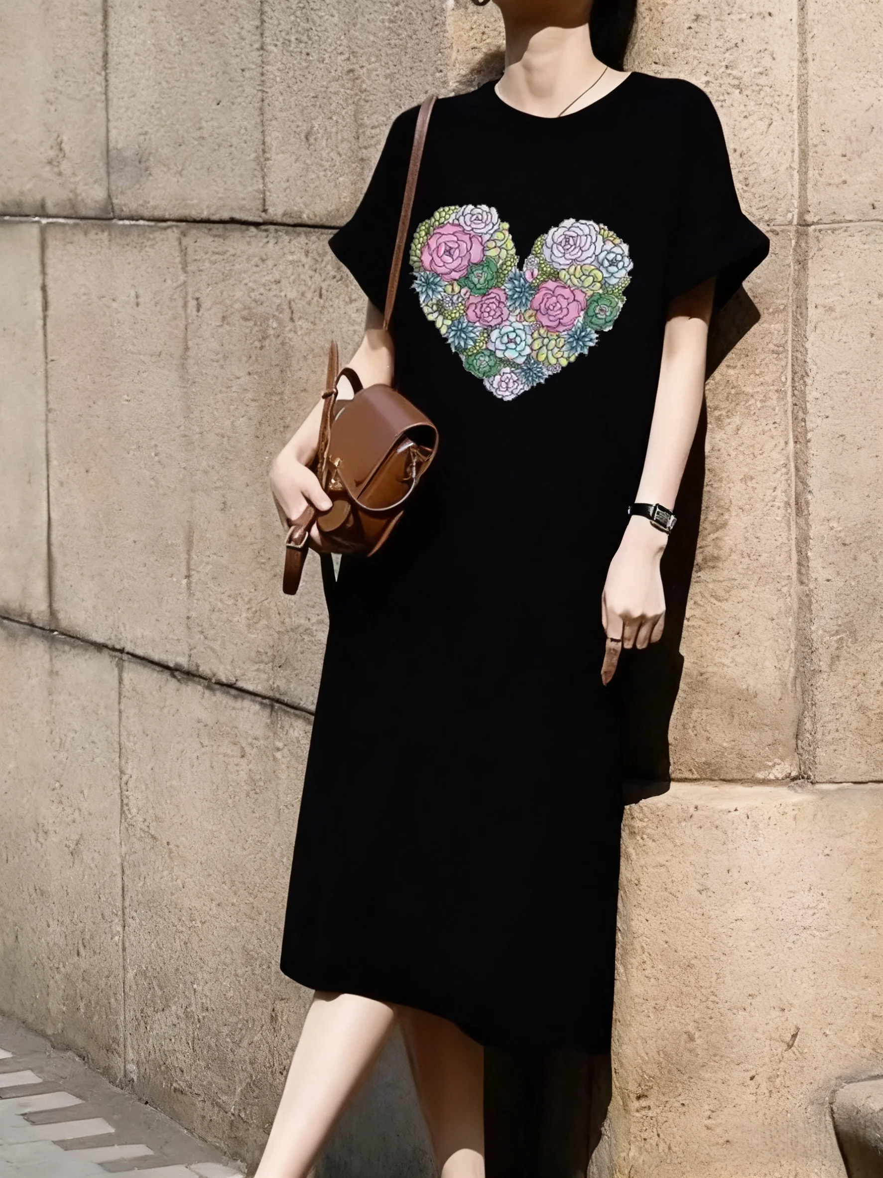 

Y2k Love Heart Print Women Short Sleeved Sports Dress Mid Length Over Knee Dress Single-sided Printing O-collar Long T Shirt