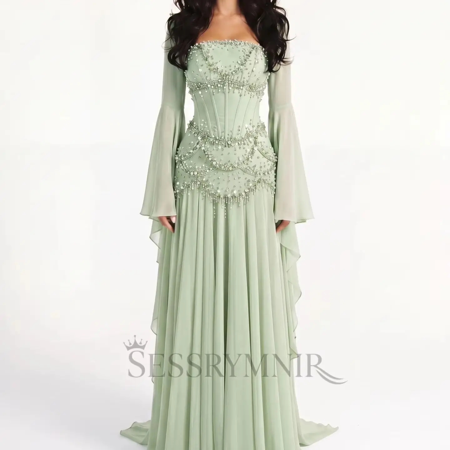 

SESSRYMNIR Women'S Formal Evening Gowns Customize Square Neck Green A-Line Evening Dresses Luxury Chiffon Long Sleeves Floor-Len