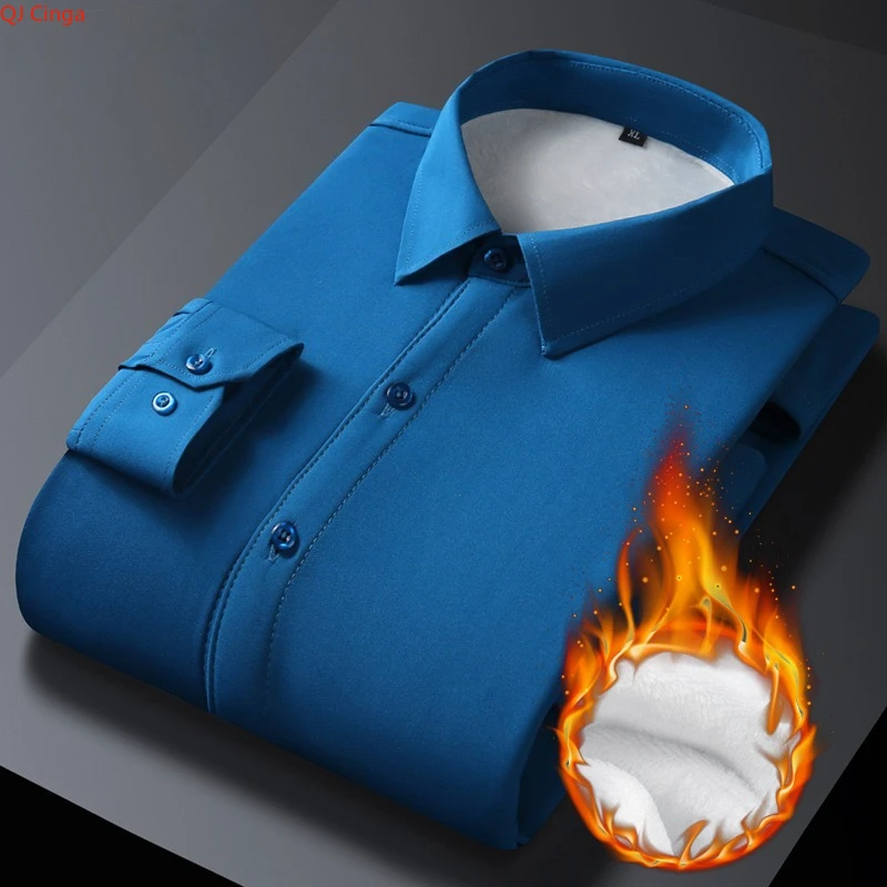 2026 Asian-fit Blue Long-sleeve Fleece-lined Shirt for Men, Workwear-style Thermal Shirts. Available in Red, Black, Gray, Pink.