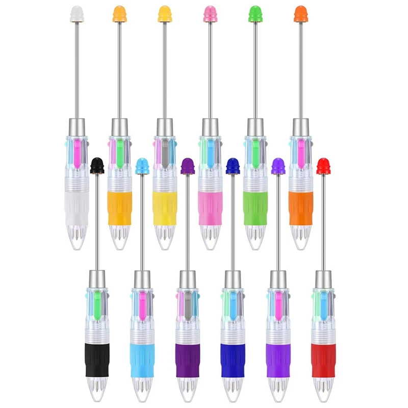 

12 Pcs Multicolor Beadable Pens 4In1 Colored Beads Pen Retractable Ballpoint Pens For DIY Making Kit Students Children