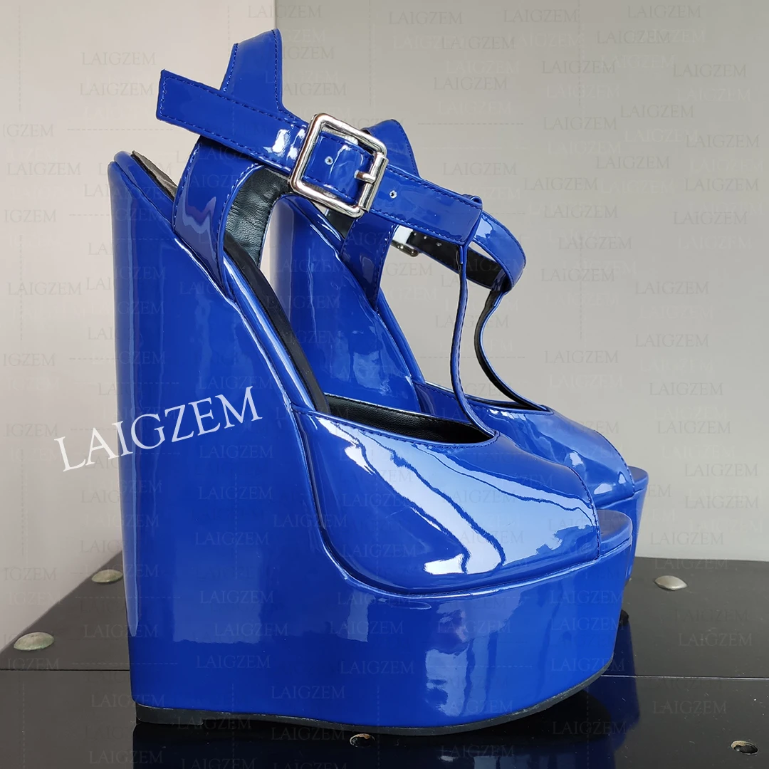 LAIGZEM Women Wedges Sandals 5CM Platform 20CM Steep High Heels Peep Toe Pumps Cosplay Fetish Ladies Shoes Woman Big Size 42 47