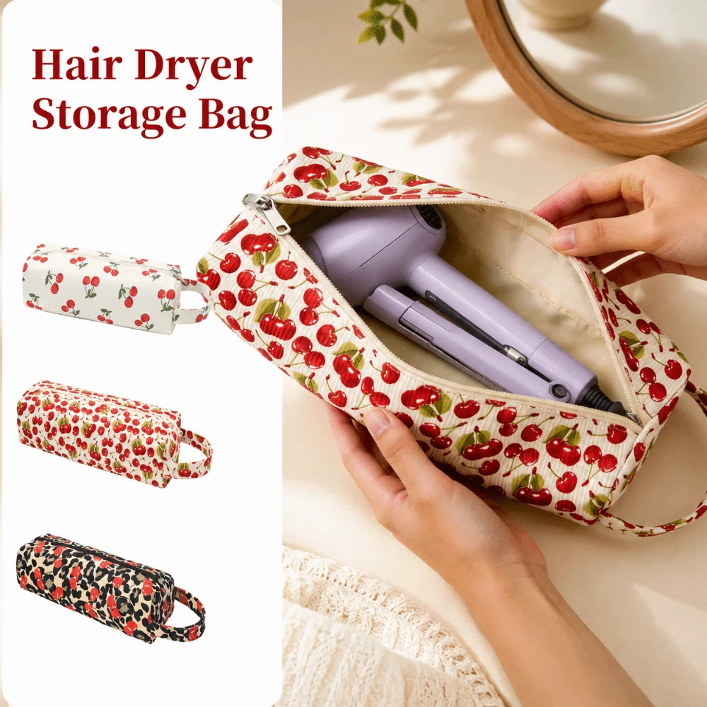 Large Capacity Hair Dryer Storage Bag Cherry Portable Curling Iron Carrying Case Zipper Closure Dustproof