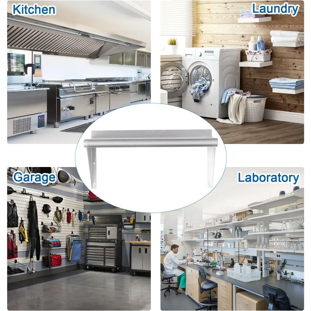 أرفف مثبتة على الحائط من الفولاذ المقاوم للصدأ من الدرجة التجارية، مقاس 18 × 36، تدعم ما يصل إلى 340 رطل، مع رقعة خلفية وأقواس للمطبخ