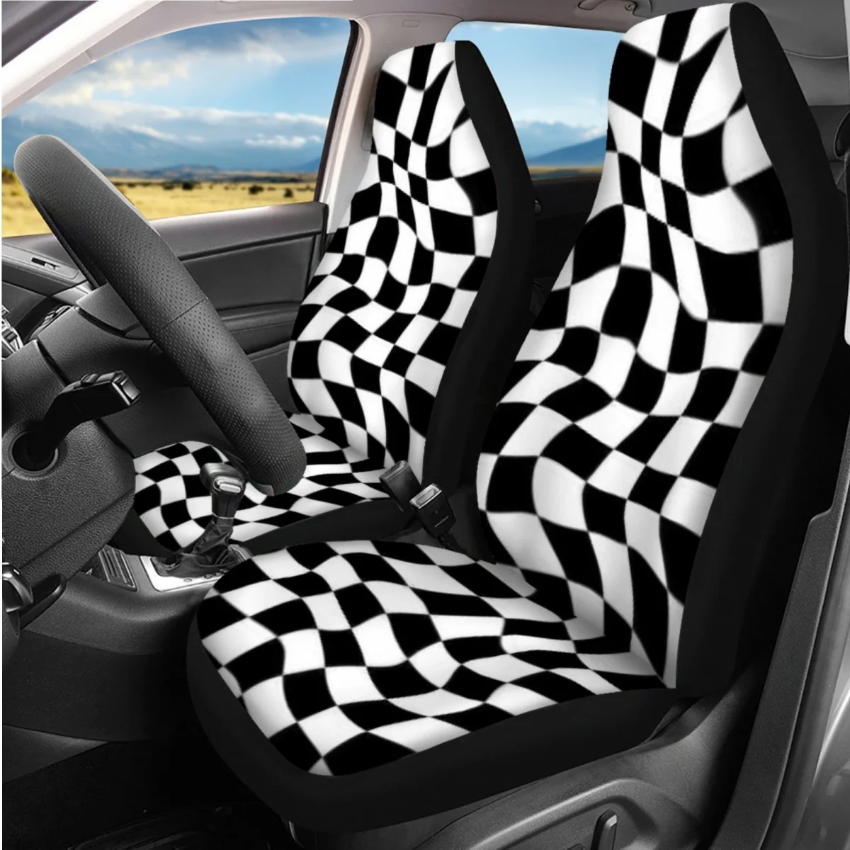 Fashion Checkerboard Grid Pattern Vehicle Seat Covers Sweat Absorption Comfort Steering Wheel Cover Seatbelt Shoulder Strap 2023