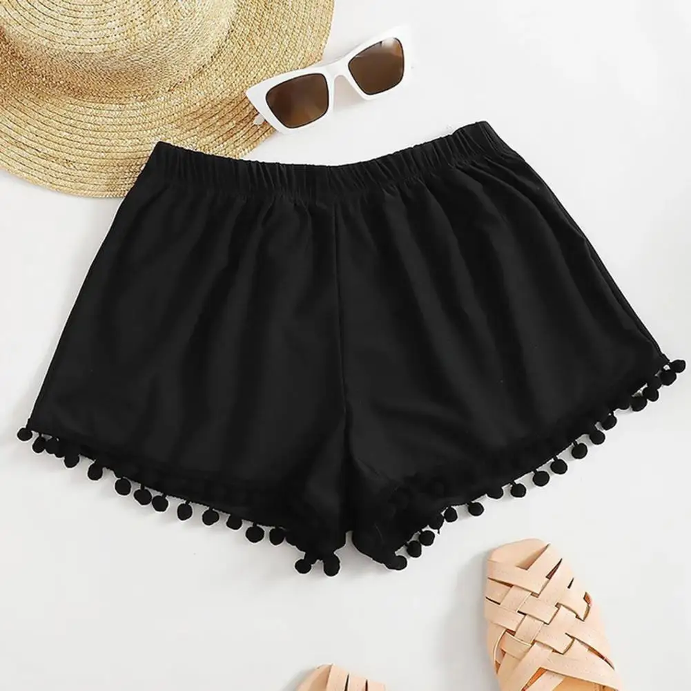 Women Loose Fit Shorts Stylish Women's Beach Shorts with Plush Ball Decor High Elastic Waist Quick Dry Cover-up for Summer