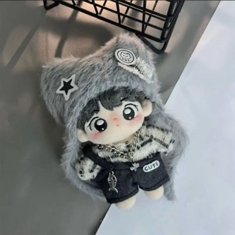 Grey Color Cartoon Plsh Cat Ear Cap 20cm Doll Clothes Miniature Sweater Rompers Changing Dress Game Doll Replacement Outfit