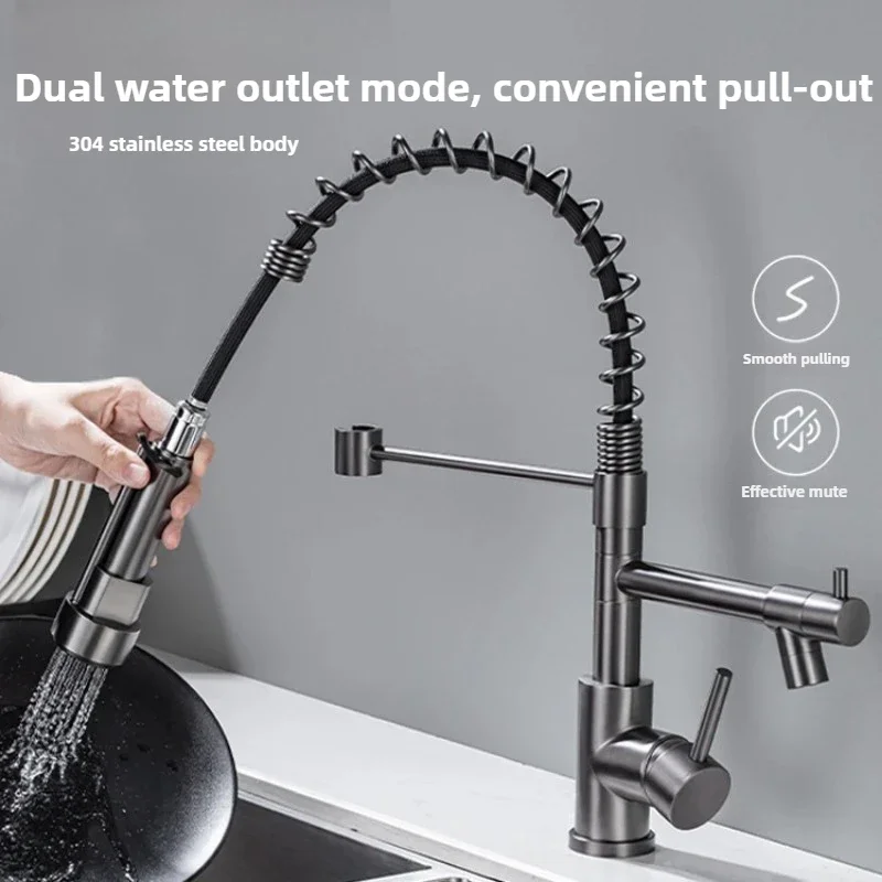 Pull-Down Kitchen Faucet Wall-Mounted Cold Water Tap with Dual Spouts 360° Rotation Kitchen Tap Space-Saving Kitchen