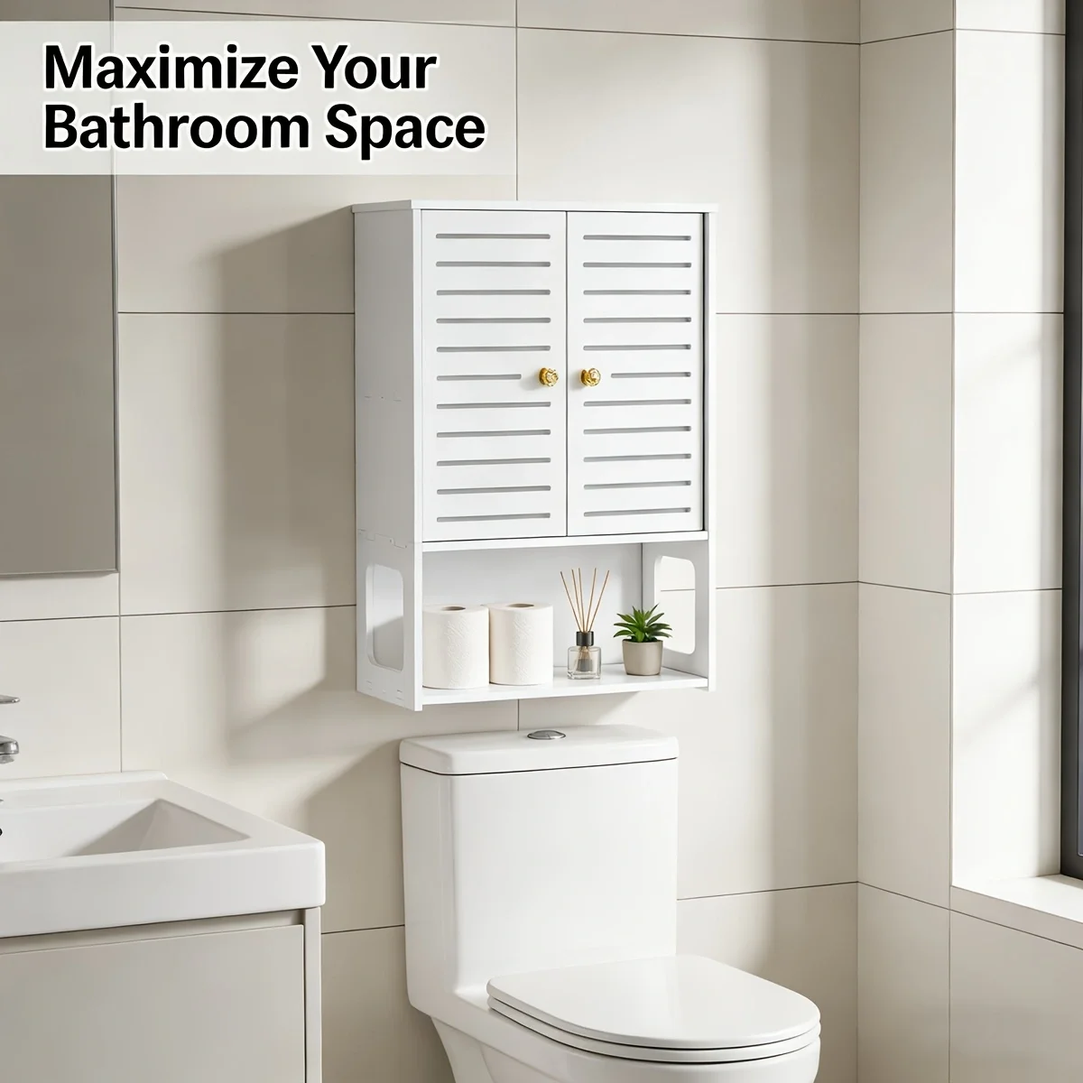 Wall Mount Bathroom Storage Cabinet, White Slatted Cabinet with Golden Knobs & Open Compartment, Waterproof Hanging Organizer f