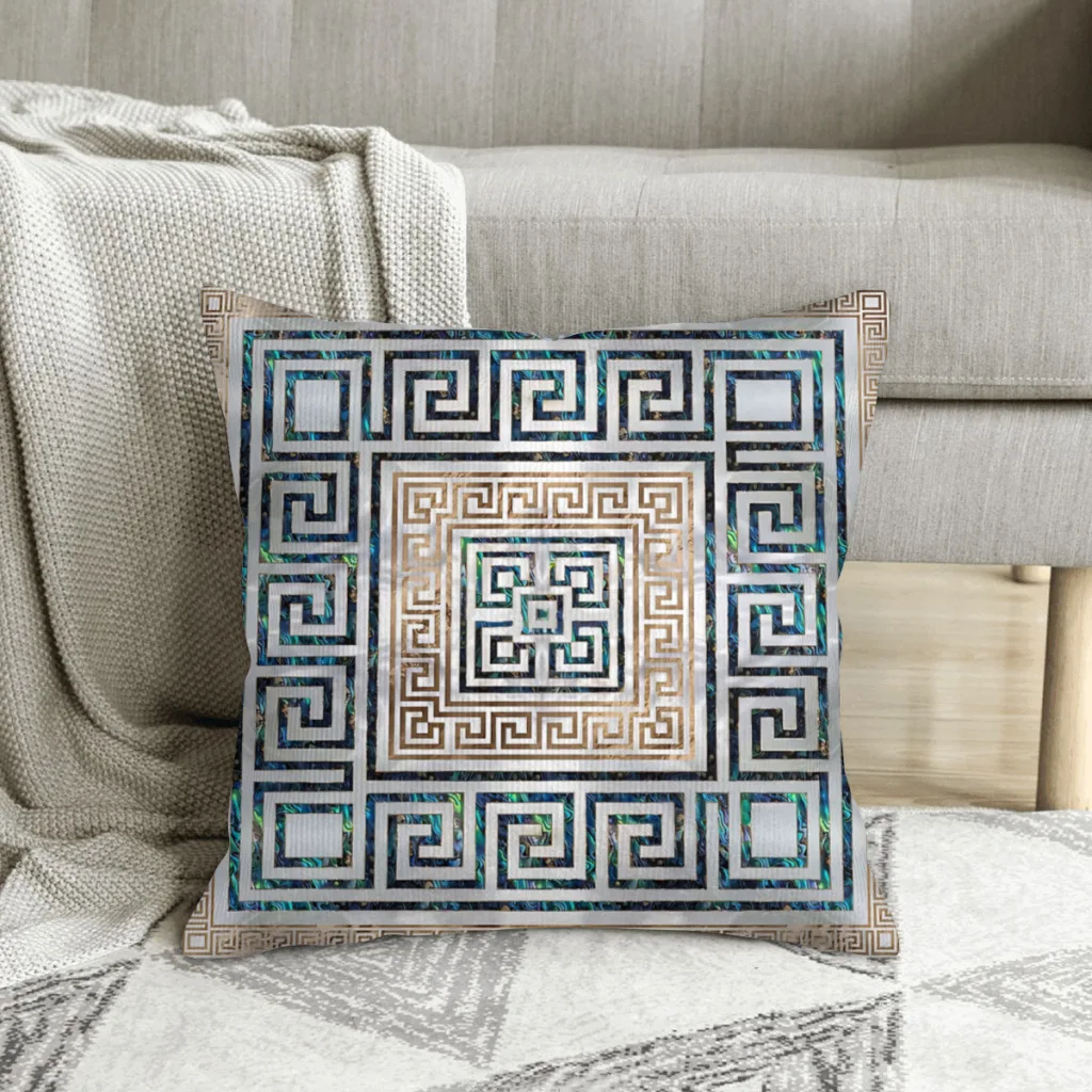 

Greek Key Ornament Greek Meander Abalone and Gold Ancient Art Polyester Cushion Cover For Sofa Decorative Cojines Decorativos