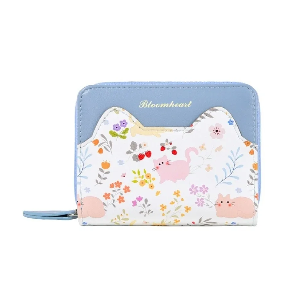 Cartoon Cat Floral Print Wallet PU Leather Zipper Closure Short Wallet Multi Card Slots Minimalist Coin Purse For Women