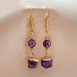 Natural Stone Dangle Earrings For Women Polygon Pendant Bohemian Statement Earrings Wedding Amethyst Opal Jewelry