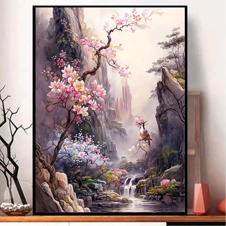 Cherry Blossom Waterfall DIY 5D Diamond Painting Art Full Diamond Mosaic Rhinestones Landscape Embroidery Kit Home Decor Y724