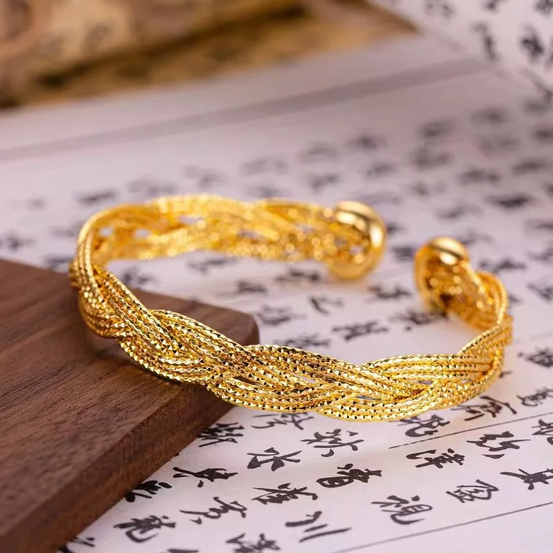 

Luxury 24K 9999 Pure Gold real gold Bohemian Flash Bracelet Filigrate Twist Woven Open All-match Bracelet