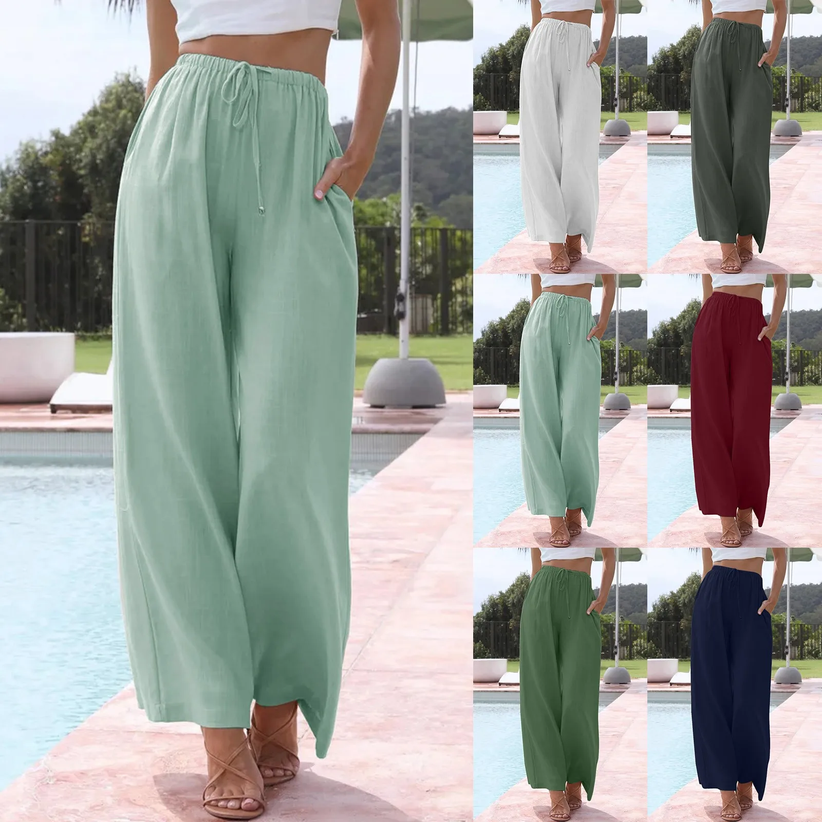 

Women High Waisted Wide Leg Pants Fashion Drawstring Elastic Trousers Comfy Straight Leg Large Pants for Women Metallic Pants