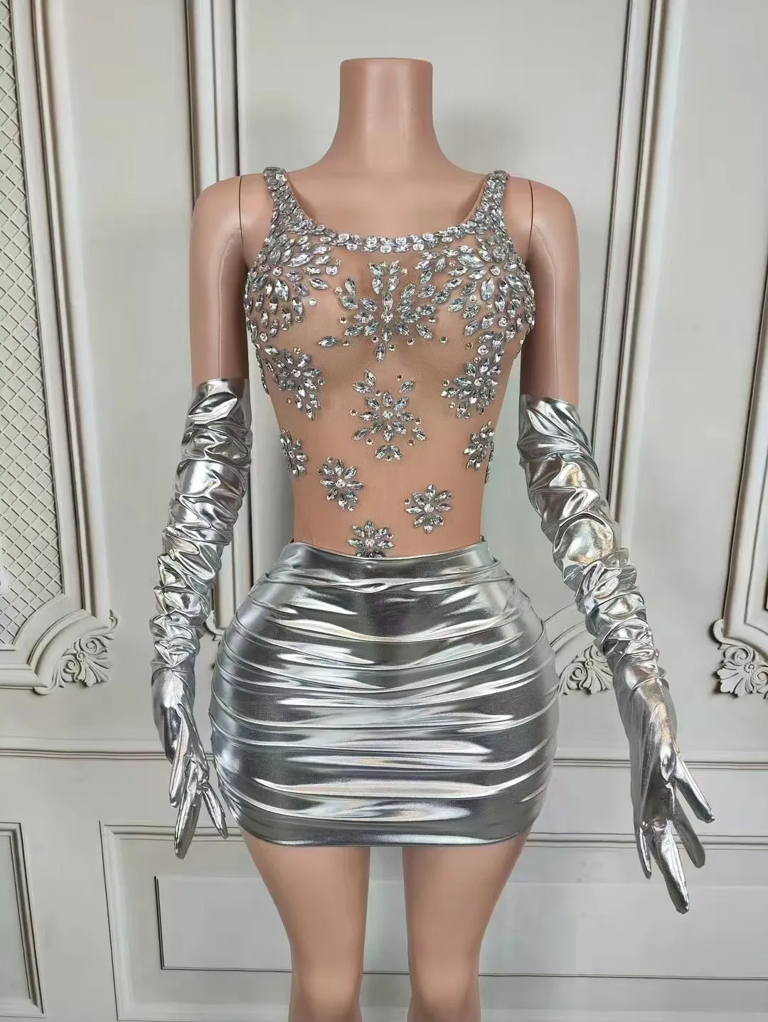 Vestido corto Sexy con diamantes de imitación para mujer, con guantes, cristal transparente, club nocturno, fiesta, actuación en escenario, traje ajustado
