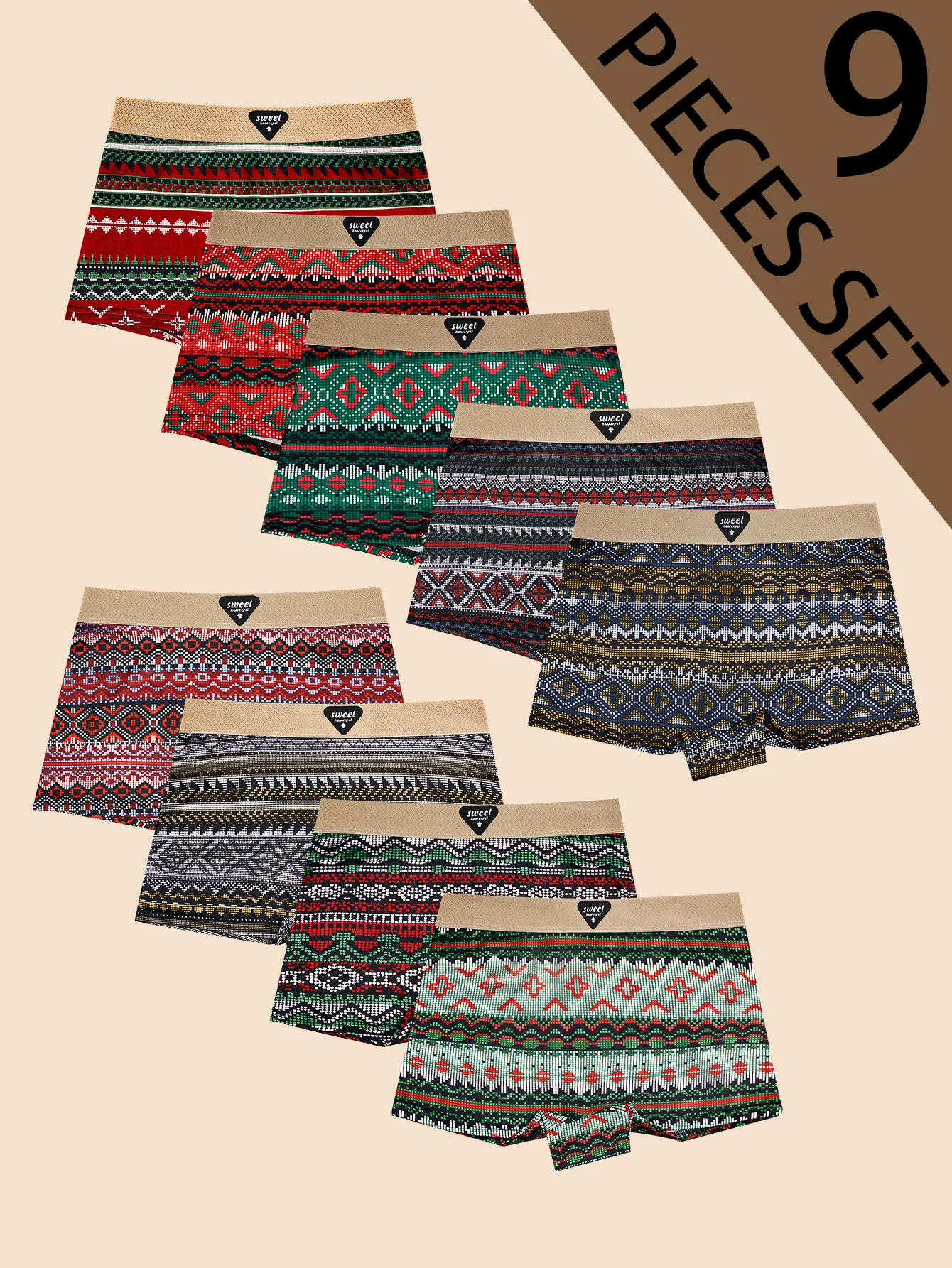 

Набор из 9 штук: Женские трусы-шорты в богемном стиле с широким поясом, комфортные, дышащие, из гладкого шелка, этнический дизайн, для девочек