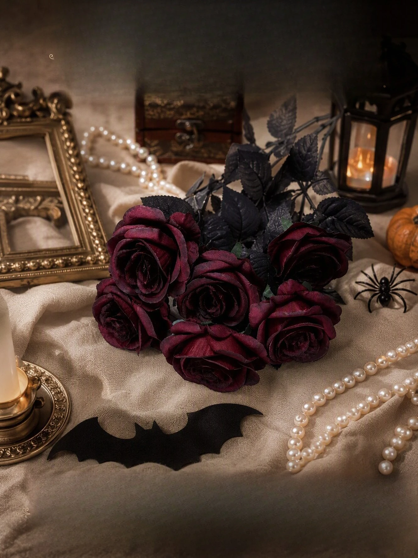 20/30 Stück Halloween-Dekoration, gotische schwarze und rote Rosen, Samt, künstliche Blumen, Fotografie, Atmosphäre, künstliche Rosenblüten – Detail 1