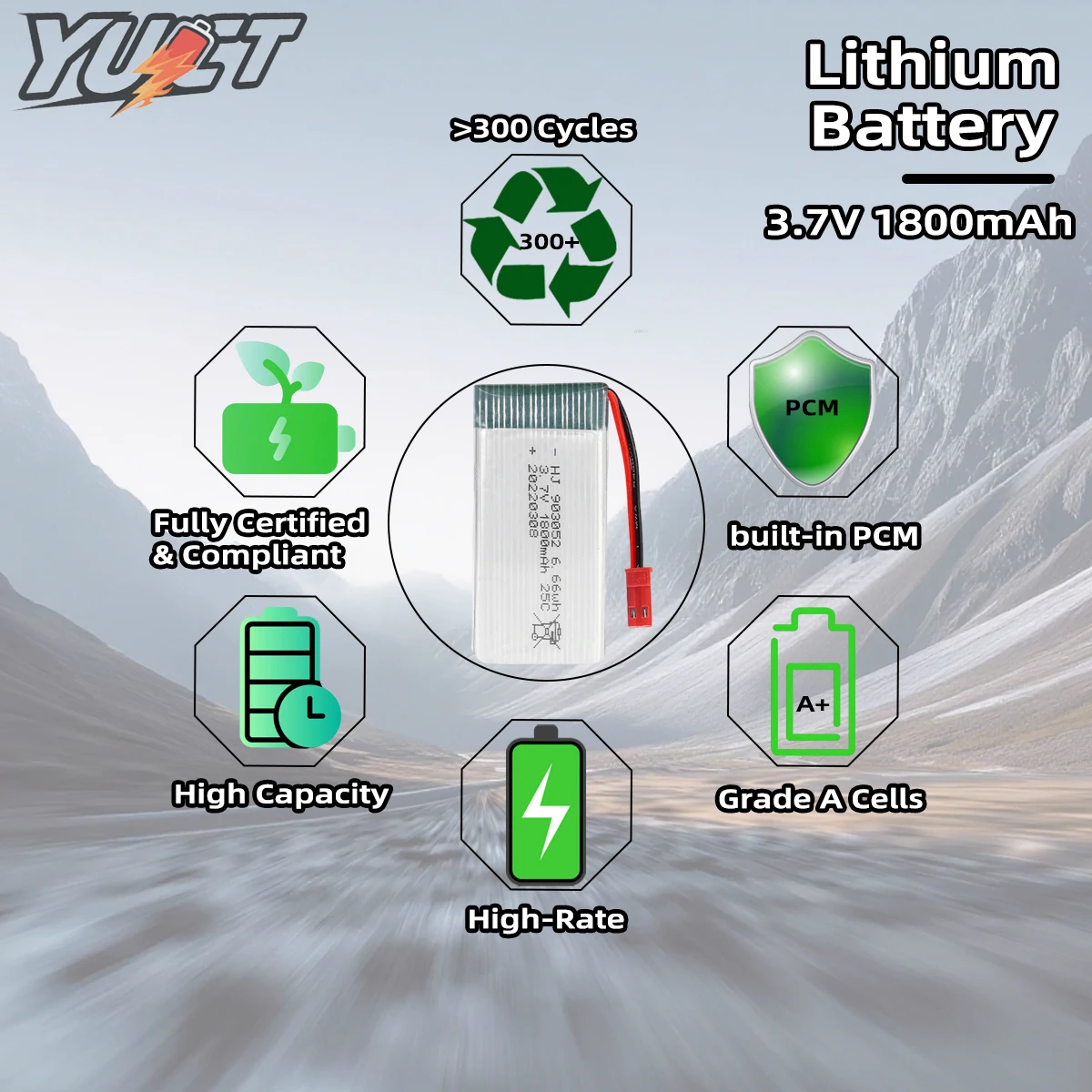 YUCT 3.7V 1800mAh 25C hoogwaardige LiPo-batterij - vervanging voor X5SW Drone (onderdeel # 903052) - RC-accessoire voor modelvliegtuigen