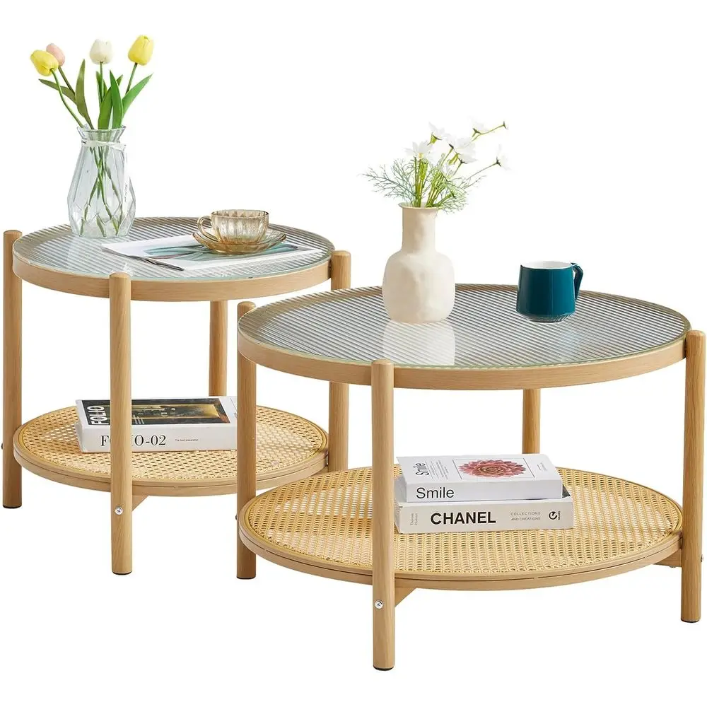 

2-Piece Rattan Coffee Table Set, Round Glass Top, Ideal for Living Room, Bedroom, Office, Suitable for Small Spaces