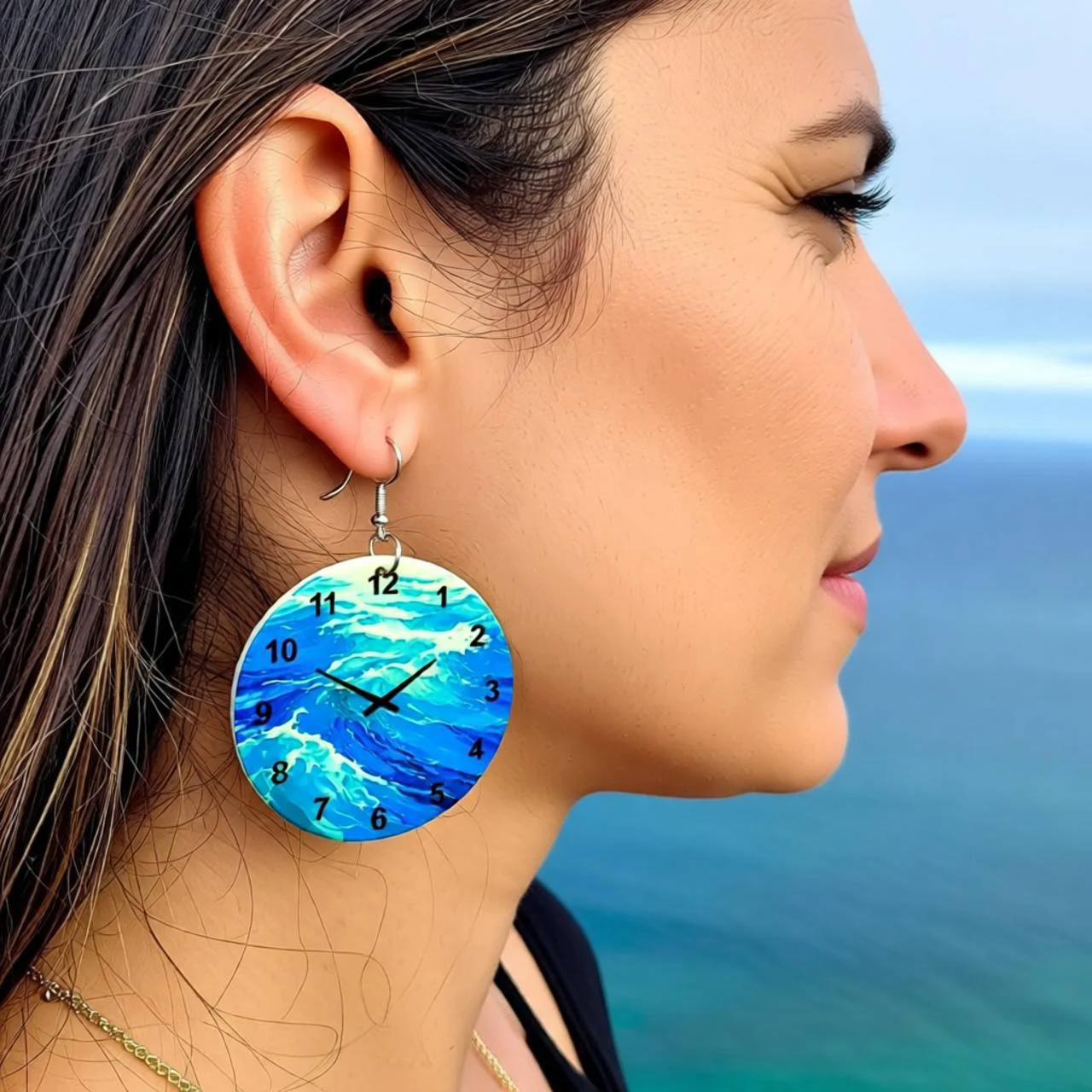 4 Pairs of Round Clock-Shaped Earring Set, Wave Marble Vortex Texture Creative Design, Retro and Individual Style Girls' Earrings