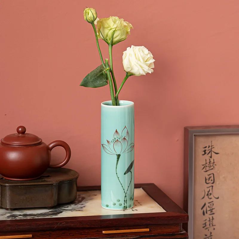Jingdezhen Hand Painted Lotus Celadon Vase, Dual-use Pen Holder Mini Vase for Chinese Aesthetic Desk Home Table Decor