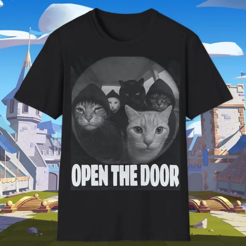 

Open The Door Cat Photo T-Shirt White Tee with Five Cats in Hats Black & White Graphic Funny Mysterious Vintage Style Unisex Top