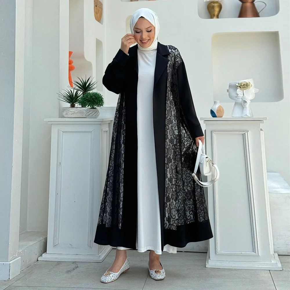 Moda damska kurtka z klapami luksusowe dubaj abaje muzułmańska sukienka odzież wierzchnia turcja Kaftan Kebaya islamska odzież koronkowe kimono