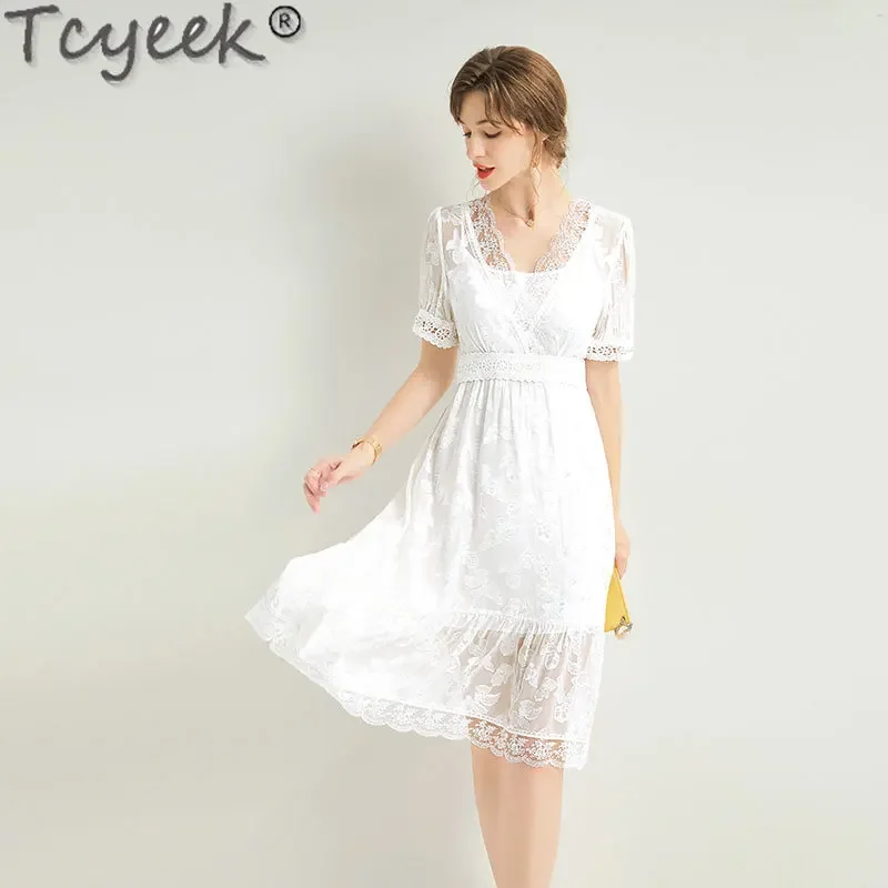 

Tcyeek 100% Mulberry Silk Dress for Women Summer Clothes Elegant Women's Dresses Short Sleeve Midi Dress 2024 Lace Платье Женско